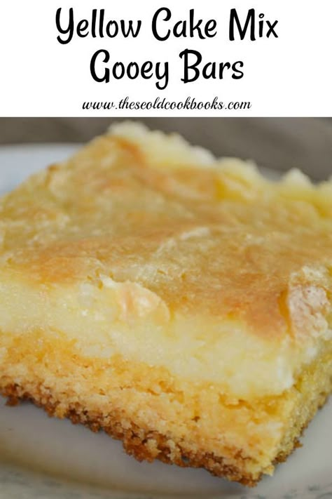 Cake Mix Gooey Bars, Yellow Cake Mix Desserts, Ooey Gooey Cake, Cake Mix Bars, Yellow Cake Mix Recipes, Easy Dessert Bars, Boxed Cake Mixes Recipes, Gooey Cake, Gooey Bars