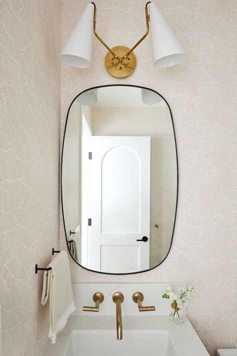 Make Room Look Bigger, Wallpaper In Powder Room, Contemporary Half Bath, White Gold Wallpaper, Bathroom Rehab, White And Gold Wallpaper, Modern Powder Rooms, Room Look Bigger, Disc Interiors