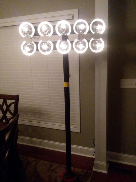 Game On Stadium Lights Football Stadium Lights Diy, Stadium Lights Decoration, Diy Stadium Lights, Homecoming Float Ideas Football, Football Parade Float Ideas, Football Floats Parade Ideas, Football Parade Float, Baseball Parade Float, Parade Float Ideas Baseball