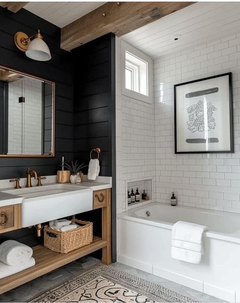 Modern Home Bathroom Design, Cute Master Bath Ideas, Master Bath Design Ideas Farmhouse, Rustic Home Remodel Ideas, Moody Farmhouse Bathroom, Black Bathtub Bathroom, Barndominium Bathroom Ideas, Farmhouse Shower Ideas, Rustic Modern Interior Design