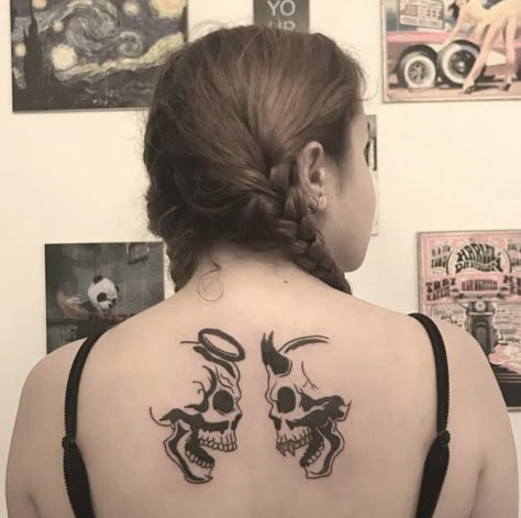 Angle And Devil Shoulder Tattoos, Devil And Angel Shoulder Tattoo, Angel And Devil Tattoo On Shoulder, Angel Devil Shoulder Tattoo, Devil Tattoo Men, Angle And Devil Tattoos, Female Devil Tattoo, Chest Tattoo Angel, Front Neck Tattoos Women