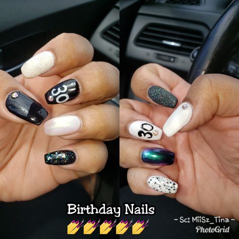 29th Birthday Nail Ideas, 40 Birthday Nail Designs, 40th Bday Nails, Birthday Nail Set Ideas Black, 30th Bday Nails, 30th Birthday Nails Turning 30, 40th Birthday Nails Design, 30th Nails, 50th Birthday Nails