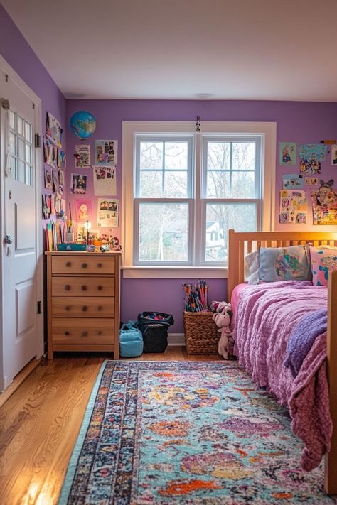 Get inspired with these fun and stylish modern kids’ room ideas! From colorful and creative decor to sleek and functional furniture, create a space your little ones will love! Lavender Kids Room, Kids Purple Bedroom, Purple Playroom, Purple Teen Room, Purple Kids Room, Purple Girls Room, Teen Girl Bedroom Ideas, Daughter Bedroom, Modern Kids Room