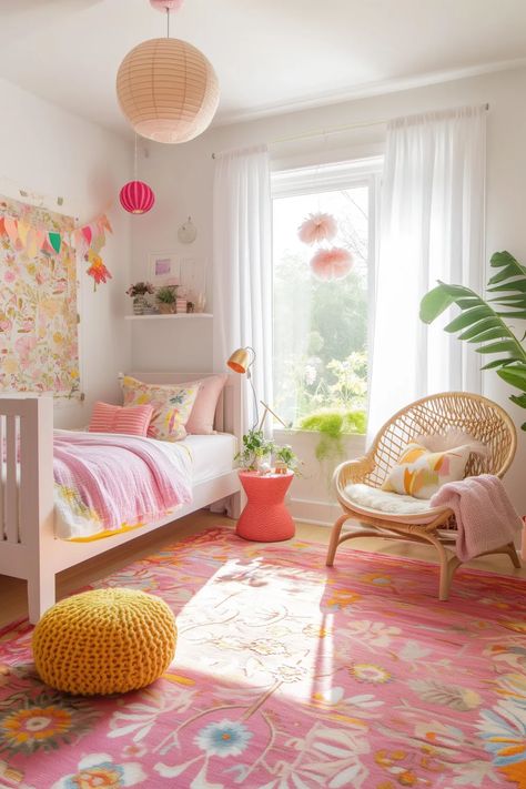 37 Easy Ideas To Decorate A Little Girls Bedroom On A Budget Nine Year Old Bedroom Ideas, Four Year Old Bedroom, Girls Bedroom Ideas 5 Yo, Pink Yellow Interior, Big Girls Bedroom Ideas, Girls Tropical Bedroom, Elementary Girl Bedroom, Very Small Kids Bedroom Ideas, Girls Colorful Bedroom Ideas