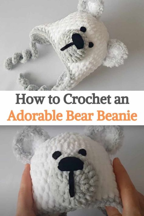 You'll fall in love with this crochet bear hat for newborns! You can make the hat as a baby shower gift or just try making it for your own baby. In this tutorial, the author will show you how to crochet a bear hat for a newborn. This cute hat has lace-up ear flaps and an adorable polar bear face, your baby will look so cute in this hat, so let's see how to make one of your own! You will need a ball of chenille yarn. One ball of each color is enough and you also need black cotton yarn for the... Polar Bear Crochet Hat, Crochet Polar Bear Hat Pattern Free, Crochet Infant Hats Free Pattern Boy, Chenille Hat Crochet Pattern, Baby Bear Crochet Hat, Crochet Patterns Chenille Yarn, Chenille Yarn Projects Crochet, Crochet Baby Hat With Ears, Crochet Bear Ears