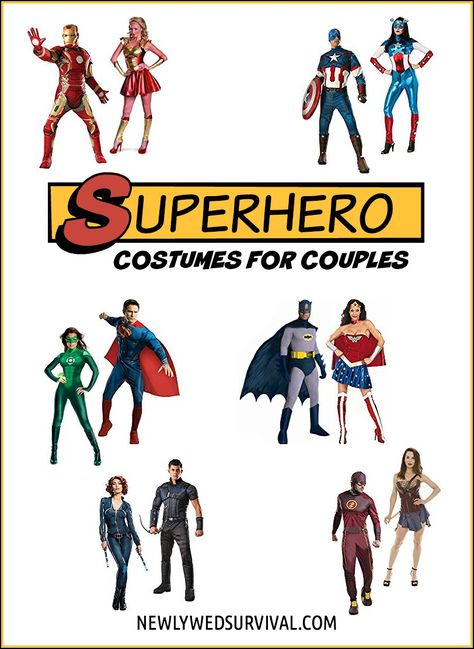 Top Costumes for Couples: Superhero http://newlywedsurvival.com/top-costumes-for-couples-superhero/ Whether you prefer the Justice League or Avengers, old-school heroes or new, there are some great superhero costumes for couples out now! Super Hero Costumes For Couples, Avenger Costume, Couples Superhero Costumes Diy, Avengers Couple Costume, Superhero Couples, Superhero Couple Costumes, Hero And Villain Costumes Couples, Couple Superhero Costumes, Couples Superhero Costumes