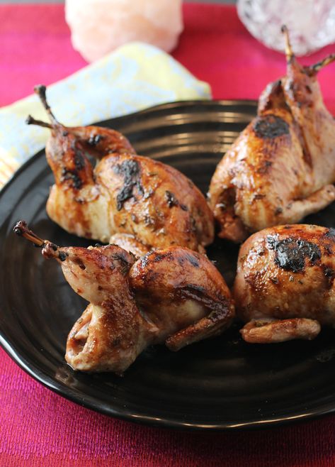 A sticky-sweet, tangy glaze gets brushed all over these tender quail. Whole Quail Recipes, Easy Quail Recipes, Roasted Quail Recipes, Smoked Quail Recipes, Bbq Quail Recipes, Baked Quail Recipes, Roast Quail Recipes, Quail Food, Stuffed Quail