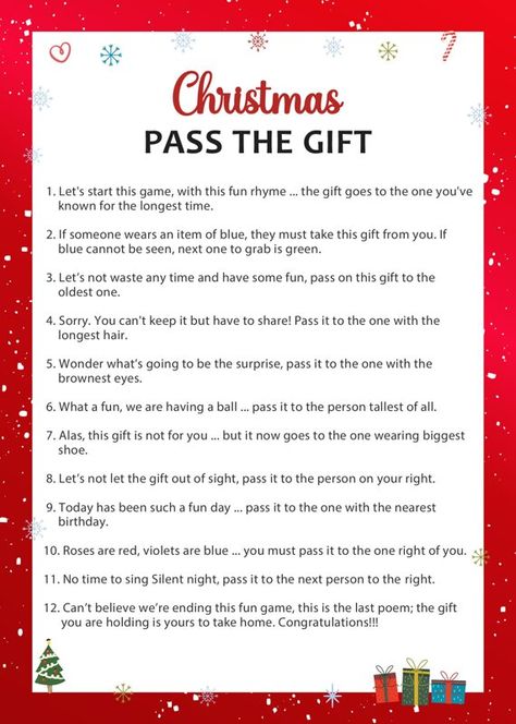 Christmas Pass the Gift | Holiday Party Games Printable Christmas Candy Pass Game, Christmas Unwrapping Gift Game, Christmas Pass The Gift Poem, Pass The Bow Christmas Game, Christmas Unwrapping Game, Christmas Games Pass The Gift, Christmas Pass The Parcel, Christmas Story Pass The Gift Game, Christmas Pass The Parcel Game