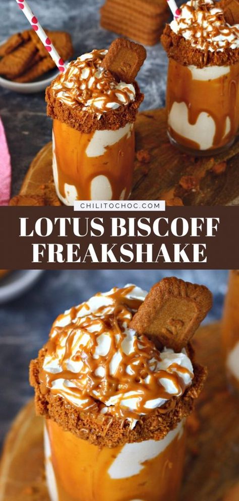 Lotus Biscoff Milkshake, Loaded Milkshake Ideas, Biscoff Milkshake Recipe, Biscoff Drinks Recipes, Good Milkshake Recipes, Biscoff Frappe, Cafe Drink Ideas, Cafe Dessert Ideas, Biscoff Drink