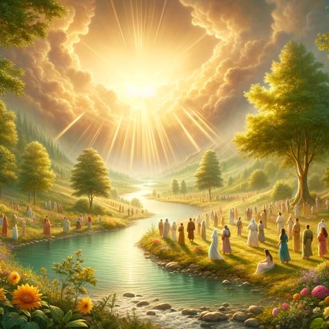 Gathers Drawing, Diverse Group Of People, Ethereal Landscape, Golden Sky, Philippians 4 19, Glory Of God, Vibrant Flowers, Group Of People, Life Challenges