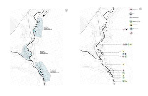 Figure 4 (L): Outfalls and the main drainage areas. The stormwater is conveyed first through the natural topography of the site, and then through the outfalls shown on the map. Figure 5 (R): Lower Don Trail Master Plan: suggested programs on the study area. Topography Analysis Diagram, Topography Analysis Architecture, Flood Map, Site Analysis Architecture, Flow Map, Landscape Collage, Topography Map, Map Diagram, Architecture Mapping