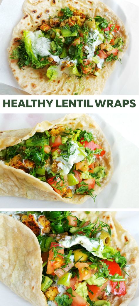 Healthy vegetarian/ vegan lentil wraps! These lentil wraps are so delicious - perfect for a meatless, vegetarian or vegan dinner! 150 Calorie Snacks, Lentil Wraps, Burger Vegetarian, Sandwich Vegetarian, Wraps Recipes Healthy, Healthy Wraps, Resep Salad, Lentil Recipes, Monkey Bread