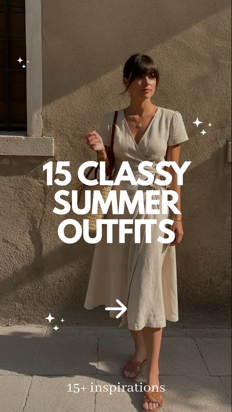 Classy Summer Outfits,woman in beige linen wrap dress with summer accessories Day Time Outfits, Italy In May, Latest Summer Fashion, Summer Elegance, Classy Summer Outfits, Curated Outfit, Summer School Outfits, Summer Outfits For Teens, Day Time