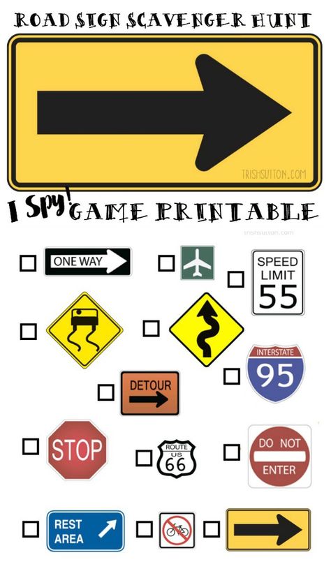 Road Sign Scavenger Hunt; Free Printable for Kids on Road Trips. TrishSutton.com Road Sign Scavenger Hunt, Spy Activities, Teen Driving, Road Trip Theme, Treasure Hunts, Road Trip Activities, I Spy Games, Spy Games, Safety Signs