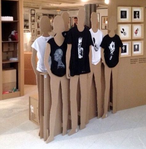 Cardboard/Particleboard mannequin cutouts with each product displayed. For outside of the store under future TV T-shirt Display, Shirt Display, Cardboard Display, Clothing Displays, Market Displays, Design Blogs, Craft Show Displays, Booth Display, Boutique Interior