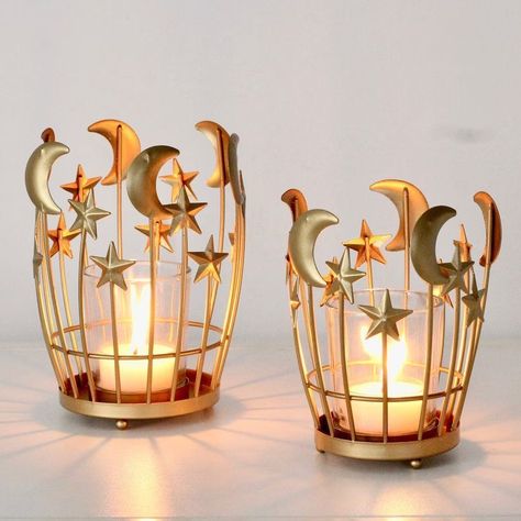 Add a warm glow to your tables with these celestial votive candle holders. Handmade of metal, these whimsical tea light holders come in two sizes. Moon Centerpiece Ideas, Moon And Stars Wedding Theme, Moon Wedding Theme, Whimsical Celestial, Sweetheart Table Backdrop, Star Themed Wedding, Reception Accessories, Wedding Cake Plates, Elegant Wedding Ideas