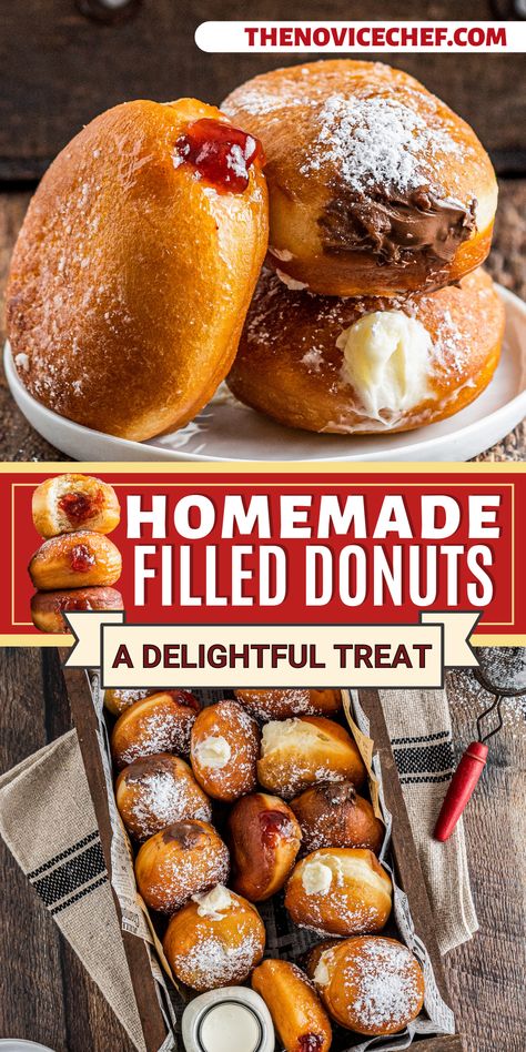 Made from scratch, these easy Homemade Filled Donuts are made with an old-fashioned enriched dough that’s lightly sweet, fluffy, and pillowy. With three choices of filling - cheesecake, jelly, Nutella, oh my! - there’s something for everyone. Homemade Donut Sticks, Chocolate Filled Doughnut Recipe, Yeast Raised Donuts Recipe, Cheesecake Filled Donut, Easy Homemade Donuts Recipe No Yeast, Filling For Donuts Recipes For, Doughnut Filling Ideas, Easy Doughnut Holes, Homemade Yeast Donuts Recipe