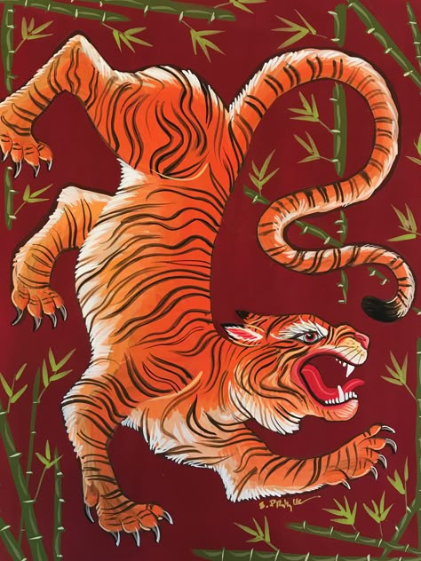 Original gouache art by Stephanie Przybylek. In creating projects and themes for my classes, I look for inspiration from many places. Cats are often popular subjects and in this case, I use them as an avenue into global art. This prowling tiger is just one example. I'm looking forward to art classes and camps this summer at the Center for Creative Arts in Delaware! Tiger Design Illustration, Japanese Tiger Art, Indian Tiger Illustration, Korean Tiger Illustration, Leaping Tiger Illustration, Retro Tiger Illustration, Chinese Tiger, Asian Tigers, Japanese Tiger