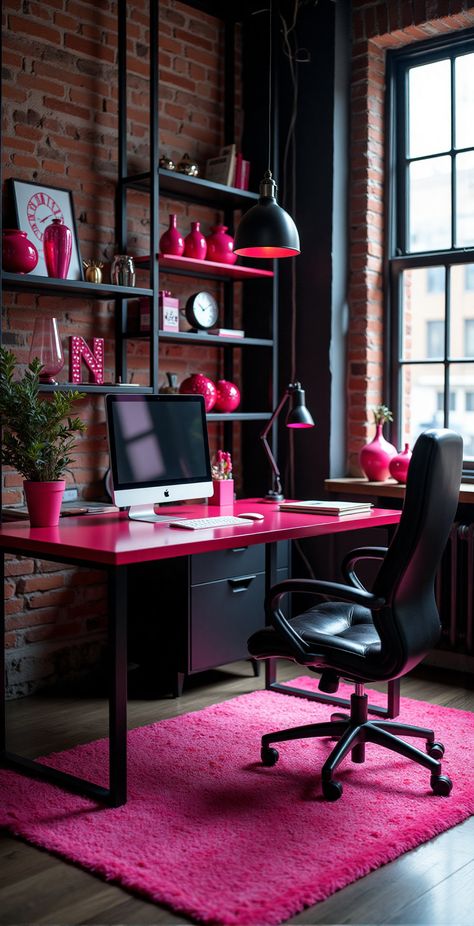 Transform your workspace with a stylish industrial home office featuring bold pink and black accents. The sleek black furniture juxtaposes beautifully against soft pink elements, creating a modern yet inviting atmosphere. Exposed brick and metal fixtures add an industrial edge, while the vibrant pops of pink ensure the space remains chic and energizing. #IndustrialDesign #HomeOfficeInspiration #PinkAndBlackDecor Industrial Home Office, Pink Elements, Industrial Home Offices, Industrial Home, Black Furniture, Industrial House, Exposed Brick, Pink Accents, Industrial Chic