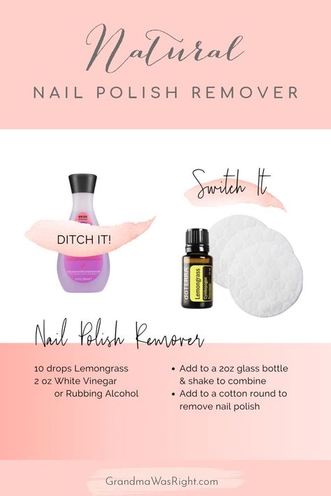 Here's a natural way to remover nail polish remover that is easy, healthy and non-toxic. 

We were recently in Colorado, and I didn't have nail polish remover, so I grabbed my Lemongrass essential oil and a cotton ball, and quickly rubbed away the rest of the polish.
It worked really well, 
although it does take a little more rubbing to remove all of it. Essential Oil To Remove Nail Polish, Natural Nail Polish Remover, Nail Polish Remover Substitute, Homemade Nail Polish Remover, Chemical Free Nail Polish, Diy Nail Polish Remover, Crunchy Life, Non Toxic Nail Polish, Nontoxic Nail Polish