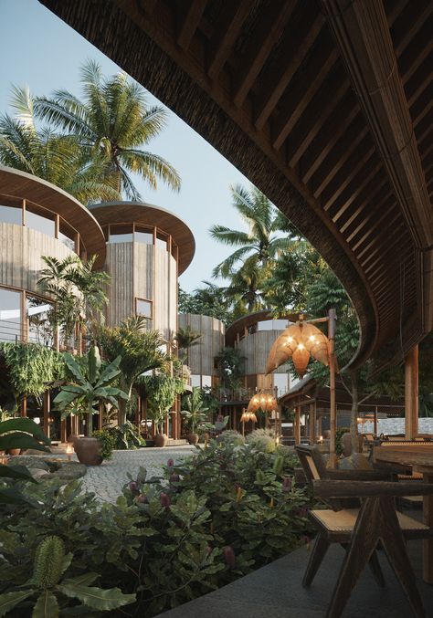 LONGAN.II on Behance Modern Resort Design, Resort Exterior, Restaurant Exterior, Resort Architecture, Tropical Architecture, Photography Graphic Design, Resort Design, Architecture Model House, Tropical Resort