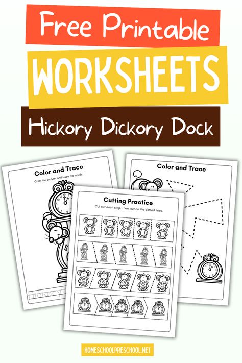 Free Hickory Dickory Dock Worksheets for Preschool Hickory Dickory Dock Preschool, Hickory Dickory Dock Activities, Hickory Dickory Dock Craft, Preschool Nursery Rhymes, Nursery Rhyme Crafts, Nursery Rhymes Activities, Preschool Christmas Activities, Nursery Rhymes Preschool, Hickory Dickory Dock