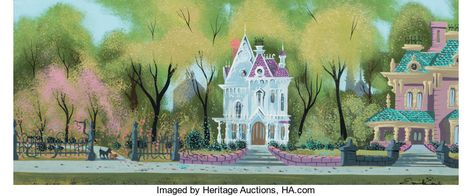 Eyvind Earle Lady and the Tramp Original Concept/Color Key | Lot #62317 | Heritage Auctions Disney Bedroom, Perspective Pictures, Eyvind Earle, 동화 삽화, Bedroom Redo, Images Disney, Disney Background, Disney Concept Art, Old Disney