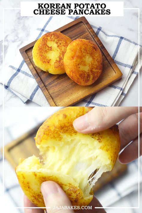 Cheese Hotteok Recipe, Asian Potato Cakes, Korean Cheese Pancake, Korean Savory Pancake, Korean Authentic Food, Korean Baked Goods, Cheese Hotteok, Korean Bread Recipe, Potato Cheese Pancakes