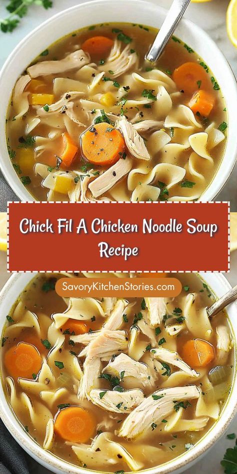 How about a hearty chicken noodle soup that brings joy to every spoonful? This Chick Fil A Chicken Noodle Soup Recipe is a delightful option, combining rich flavors and comforting ingredients. Save it now for those days when comfort food is a must! Easy Home Made Chicken Soup, Chicken Less Noodle Soup, Chickfila Chicken Noodle Soup Recipe, Kneaders Chicken Noodle Soup, Chick Fila Chicken Noodle, Sick Chicken Noodle Soup, Chicken Noodle Soup When Sick, Savory Chicken Noodle Soup, Cooked Chicken Soup Recipes