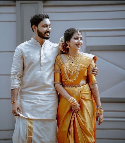 South Indian Wedding Matching Outfits, South Indian Groom Outfit For Men, Couple Matching Outfits Indian, Kerala Groom, South Indian Bride And Groom, Kerala Couples, Bride And Groom Indian Wedding Outfit, Groom Indian Wedding Outfits, Yellow Sarees