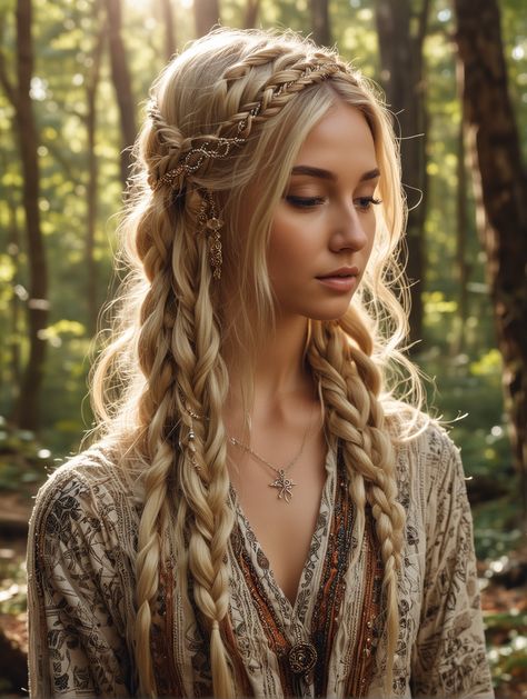 23 Blonde Boho Braids Easy To Copy [2024] – Scan to Talk Braid Hairstyles Blonde Hair, Midevil Wedding Hairstyles, Midevil Hair Braids, Female Viking Braids, Braided Boho Hairstyles, Druid Hairstyles, Spiritual Braids, Nordic Hairstyles Women, Middle Age Hairstyles