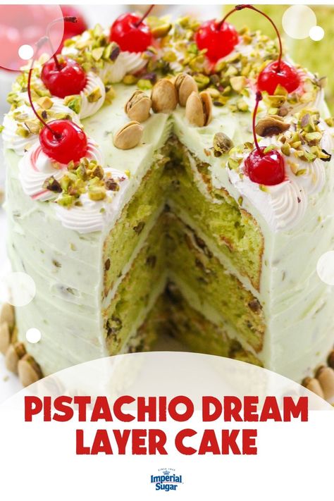 3 Layer Cake Birthday, Pistachio Cherry Cake, Exotic Cake Flavors, Pistachio Layer Cake, Pistachio Cake With Box Cake, Pistachio Birthday Cake, Pistachio Cake Design, Pistachio Cream Cake, Easy Pistachio Cake