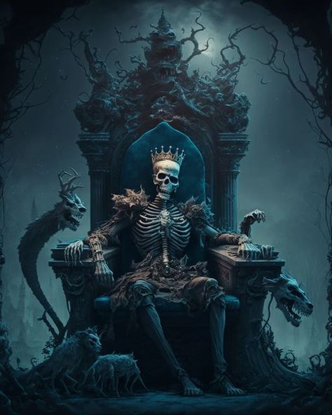 AI and Art on Instagram: "The king is dead, long live the king. Le roi est mort, vive le roi. #aiart #midjourney #photoshop #digitalart #fantasy #painting #skeleton #art" Skeleton King Art, Evil King Fantasy Art, King On A Throne, King Concept Art, King Skeleton, King Of Darkness, Painting Skeleton, Dark King, Evil King