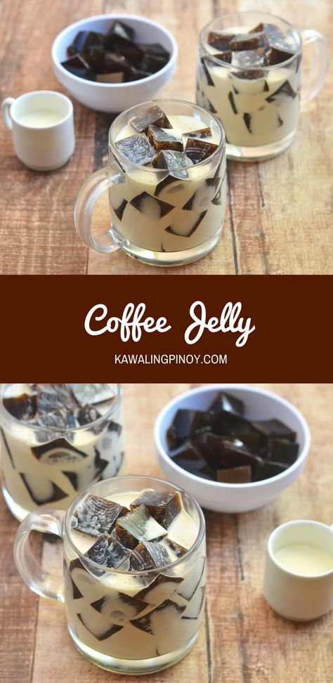 With soft coffee-flavored gelatin cubes drizzled with sweetened cream, Coffee Jelly makes a fun yet impressive dessert everyone is sure to love. Coffee Agar Agar Jelly, Japanese Jelly Coffee Recipe, Coffee Jello Desserts, Coffee House Recipes, Boba Jelly Recipe, Coffee Gelatin Dessert, Easy Cafe Food Ideas, Coffee Jelly Recipe Filipino, Cold Dessert Recipes Easy