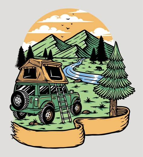 Camping Design Graphics, Camping Illustration Graphics, Camping Drawing Illustrations, Vanlife Illustration, Camp Illustration, Trip Illustration, Logo Camping, Camping Vector, Adventure Illustration