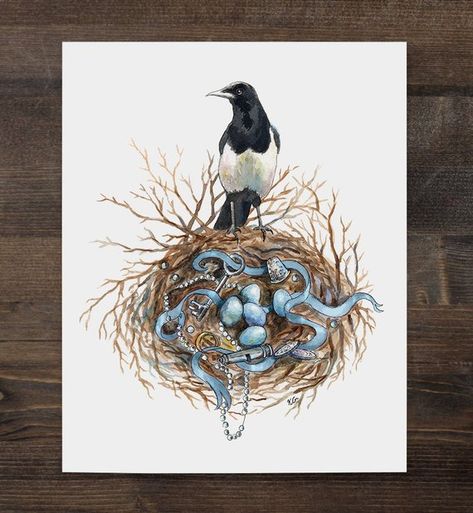 Magpie Nest, Magpie Tattoo, Magpie Art, Watercolour Illustration, Tattoo Project, Magpie, Illustration Print, Bird Art, Watercolor Print