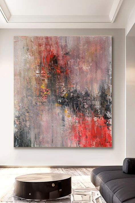 Textured abstract painting with bold strokes of red, gray, and black, creating a dramatic and moody atmosphere Moody Atmosphere, Structure Art, Wall Art Red, Contemporary Decor, Abstract Paintings, Abstract Wall, Bedroom Diy, Abstract Art Painting, Abstract Wall Art