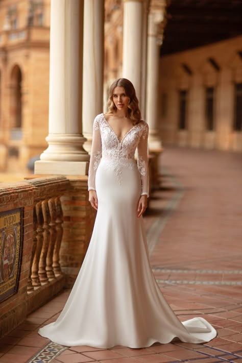 A romantic bridal gown with a V-neck front & back is covered with floral lace appliques Style 6371 #weddingdress #weddingplanning Fitting Wedding Dress, V Neck Bridal Gown, Long Sleeve Ball Gown Wedding Dress, Long Sleeve Ball Gowns, Wedding Dress Guide, Dream Wedding Ideas Dresses, Wedding Decor Elegant, Engagement Dresses, Perfect Wedding Dress