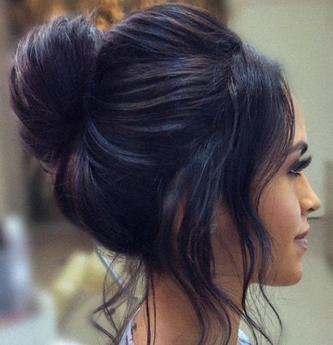 all up high bun bridal hair wedding hairstyle ideas Tousled High Bun, Soft High Bun Wedding Updo, Dressy High Bun Hairstyles, High Upstyles For Medium Hair, Wedding Top Bun Hairstyles, Modern High Updo Hairstyles, Modern Updo Wedding, 90s High Bun Wedding, Top Bun Wedding Hair