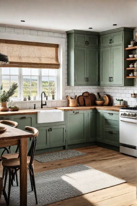 Sage green farmhouse kitchen Cute Farmhouse Kitchen Ideas, Green Kitchen With Cream Cabinets, House Decor Sage Green, Sage Kitchen Aesthetic, Kitchen Remodel With Green Cabinets, Small Kitchen Remodel Green Cabinets, Diy Green Kitchen, Sage Green Rustic Kitchen, Sage Cottage Kitchen