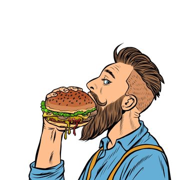 handsome,burger,unhealthy,break,background,drawing,retro,lifestyle,breakfast,junk,lunch,food,tasty,60s,delicious,bite,holding,man,cuisine,business,adult,guy,hipster,vector,hamburger,people,eating,design,flat,cartoon,stock,funny,face,meat,illustration,hungry,beard,character,50s,cheeseburger,pop,male,sandwich,art,happy,meal,hand,fast,comic,caucasian,fat,young,snack,modern,vintage,eat,big,person Man Eating Burger, Break Background, Beard Character, Hamburger Drawing, Meat Illustration, Bearded Characters, Cartoons Eating, Sandwich Art, Burger Drawing