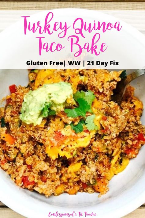 This Turkey Quinoa Taco Bake is a family comfort food favorite, hidden veggies and all. Using precooked quinoa, store bought pico and canned tomato sauce, dinner will be on the table in no time! Macro Dinner, Casserole With Spinach, Quinoa Enchilada Bake, Turkey Quinoa, Gerd Recipes, Emily Bites, Quinoa Tacos, Alpha Gal, Quinoa Casserole