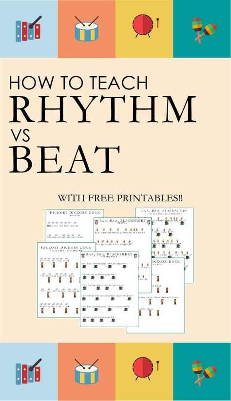 Want to add more music to your child's day? Try this activity that teaches the difference between beat and rhythm. Use the free printables to help! Rhythm Sticks, Rhythm Activities, Kindergarten Music, Homeschool Music, Elementary Music Lessons, Elementary Music Education, Music Curriculum, Music Lesson Plans, Smart Tiles