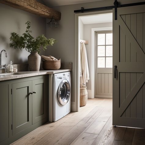 Sliding Door Farmhouse, Utility Garage Room Ideas, Country Boot Room Ideas, Larder Utility Room, Hallway Utility Room, Boot Room And Utility, Sliding Utility Door, Boot Room Ideas Utility, Small Utility Room Ideas Uk