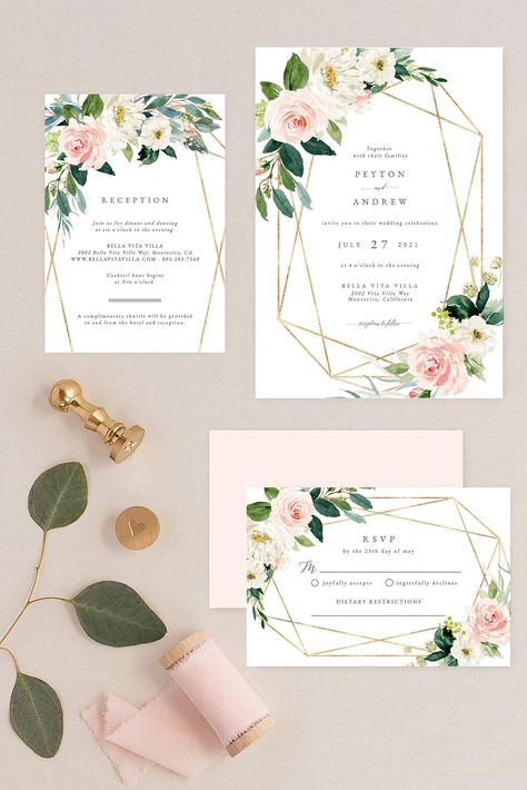 Geometric Wedding Invitation Template, Boho Wedding Invite Template, Wedding Invitation Template Download Faux Gold Invite Suite Kit #blushwedding #blushandgoldwedding #weddinginvitation #pinkwedding #weddingsuite Boho Wedding Invite, Monogramm Alphabet, Template Wedding Invitation, Wedding Invite Template, Invite Suite, Geometric Wedding Invitation, Spring Wedding Invitations, Carton Invitation, Wedding Invitations Boho