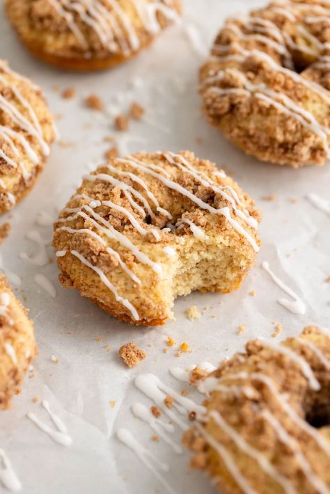 Coffee Cake Donuts - Broma Bakery Vanilla Donut, Easy Coffee Cake, Cinnamon Streusel Topping, Yeast Donuts, Broma Bakery, Baked Doughnuts, Sweet Glaze, Cinnamon Streusel, Breakfast Pastries