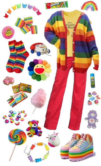 Kidcore Outfit | ShopLook Kidcore Outfit Moodboard, Arcadecore Outfits, Kidcore Outfit Ideas, Soft Core Outfit, Candycore Aesthetic Outfits, Rainbowcore Outfit, Clown Core Outfit, Kidcore Aesthetic Outfits, Kidcore Moodboard