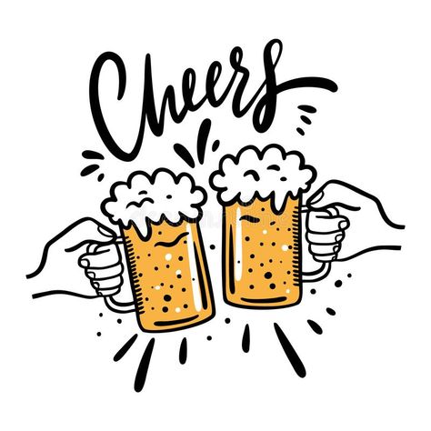 Cheers with beer glasses mug. Hand drawn vector illustration. Cartoon style. Iso , #AFFILIATE, #vector, #drawn, #Cartoon, #illustration, #Hand #ad Beer Drawing, Beer Illustration, Beer Stickers, Beer Wall, Beer Cheers, Beer Quotes, Beer Art, Hand Drawn Vector Illustrations, Envelope Seals