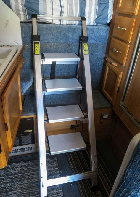 Rv Bunk Ladder Ideas, Rv Bunk Bed Ladder, Bunk Bed Ladder Ideas, Dorm Bunk Beds, Trailer Upgrades, Rv Bunk Beds, Foldable Step Stool, Canal Boat Interior, Trailer Makeover