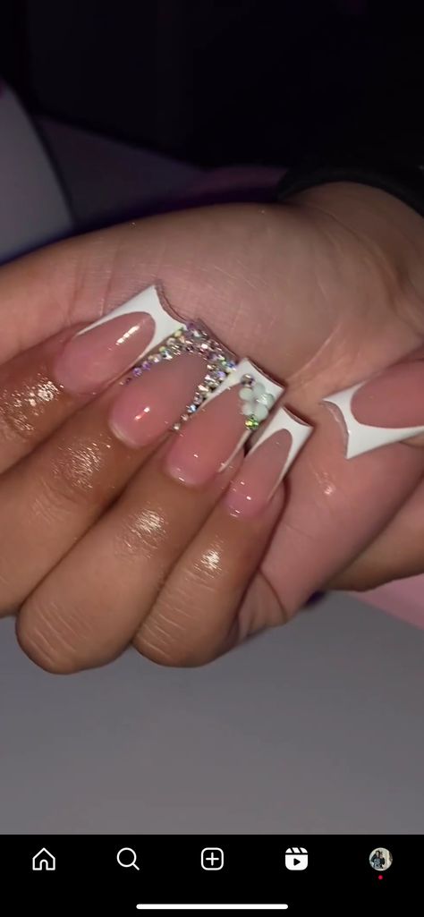 Bling Out French Tips, Medium Nails With Rhinestones, White French Tip Nails With Design Bling, French Tip Acrylic Nails With Gems, French Tips With Rhinestones, French Tips With Gems, Rhinestone French Tip Nails, Shoe Nails, French Tip Acrylic Nails